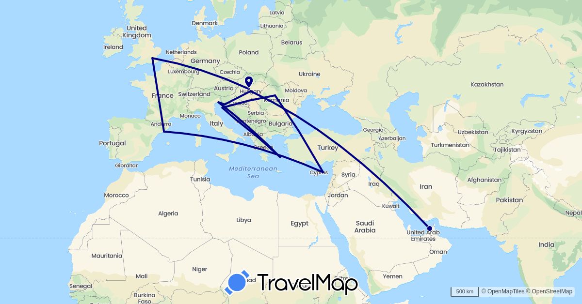 TravelMap itinerary: driving in United Arab Emirates, Cyprus, Spain, United Kingdom, Greece, Croatia, Hungary, Italy, Romania, Slovenia (Asia, Europe)